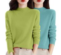 2 PC Cashmere Jumpers Ladies Long Sleeve Sweater Womens Solid Color Autumn Winter Sweaters Soft Comfortble Semi Turtleneck Pullover Jumper Tops Trendy Outfit Green