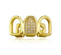 2 PC Gold Plated Grillz Vampire Dracula Fangs Hip Hop Teeth Grillz Set for Rapper Costume, One Size, Brass, Diamond