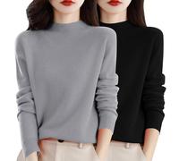 2 PC Ladies Cashmere Jumpers Soft Comfortble Long Sleeve Semi Turtleneck Sweaters Pullover Long Sleeve Cashmere Womens Solid Color Autumn Winter Sweaters Grey