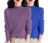 2 PC Ladies Cashmere Jumpers Soft Comfortble Long Sleeve Semi Turtleneck Sweaters Pullover Long Sleeve Cashmere Womens Solid Color Autumn Winter Sweaters Blue