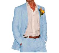 2 PC Linen Wedding Suits for Men Peak Lapel Prom Suit Regular Fit Groom Tuxedos Summer Beach Suit Casual Wear Light Blue 44 Chest / 38 Waist