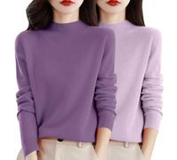 2 PC Womens Cashmere Jumpers Semi High Neck Ladies Long Sleeve Sweater Solid Color Autumn Winter Sweaters Comfortble Turtleneck Pullover Jumper Purple