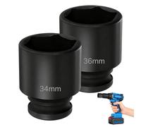 2 PCS 1/2" Drive Impact Socket Set, 34mm 36mm Socket with 6 Point Design Metric CR-V Steel Deep Axle Nuts Sockets for Quick Shaft Nut Removal