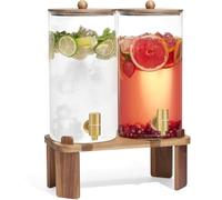 2 PCS 1.5 Gallon Drink dispenser, Glass Beverage Dispenser With Wood Stand, Large Water Drink Dispensers for Parties With Stainless Steel Spigot, Ideal for Lemonade,Juice, Tea, and Party Drinks