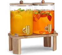 2 PCS 1 Gallon Drink dispenser, Glass Beverage Dispenser With Wood Stand, Large Water Drink Dispensers for Parties With Stainless Steel Spigot, Ideal for Lemonade,Juice, Tea, and Party Drinks