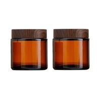 2 Pcs 100ml 3.4oz Amber Glass Jars with Inner Liners and Plastic Wood Grain Lids Cosmetic Containers for Lotion Cream Body Butter DIY Skincare Travel Storage Refillable Jars