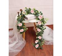 2 pcs 11.8 FT Artificial Eucalyptus Garland, Hanging Rose Wreath, Spring Silk Flower Decoration, Perfect for Home, Wedding, and Party Décor, Ideal for Mantels, Walls, and Table Centerpieces (Pink)