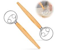 2 Pcs 13Inch Danish Dough Whisk with Wooden Handle, Stainless Steel Dutch Style Double Eyes Hand Bread Dough Mixer, Kitchen Baking & Cooking Tools for Making Pastry, Cake, Sourdough, Dessert, Pizza