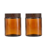 2 Pcs 150ml 5oz Amber Glass Jars with Inner Liners and Plastic Wood Grain Lids Refillable Cosmetic Containers for Cream Ointment Food Storage DIY Skincare Candle Making Jars