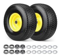 2 Pcs 15x6.00-6 Flat Free Lawn Mower Tire and Wheel,15x6-6 Front Tire Assembly Compatible with John Deere Husqvarna Riding Mowers Lawn Tractors,with 3/4" & 5/8" Bearing-1"Bushings,3" Centered Hub