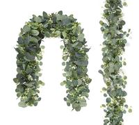 2 Pcs 180cm Artificial Eucalyptus Garland, Artificial Garland with White Flowers, Realistic Hanging Plant, Fake Green Leaves Table Runner, Garlands for Wedding Backdrop Arch Wall Stairs Decor