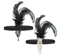 2 PCS 1920s Headbands for Women Black Feather Hairband,Rhinestone Crystal Gatsby Flapper Headpiece 20s Vintage Beaded Leaf Hairband Hair Valentines Accessory for Girls Costume Party