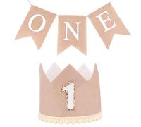 2 Pcs 1st Birthday Banner & Hat, First Birthday Decorations for Boys & Girls, Cute & Fun Hats for Kids, Photo Prop, Easy Setup