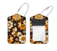 2 Pcs 2.8"x4.6" Luggage Tags, PU Leather Travel Bag Suitcase Tags with Privacy Cover - Bee Flowers