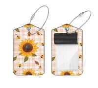 2 Pcs 2.8"x4.6" Luggage Tags, PU Leather Travel Bag Suitcase Tags with Privacy Cover - Bee Sunflower