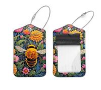 2 Pcs 2.8"x4.6" Luggage Tags, PU Leather Travel Bag Suitcase Tags with Privacy Cover - Color Drawing Bee