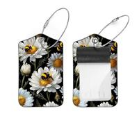 2 Pcs 2.8"x4.6" Luggage Tags, PU Leather Travel Bag Suitcase Tags with Privacy Cover - Daisies and Bee