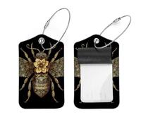 2 Pcs 2.8"x4.6" Luggage Tags, PU Leather Travel Bag Suitcase Tags with Privacy Cover - Golden Bee