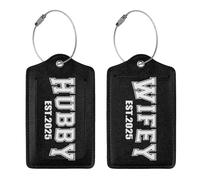 2 Pcs 2025 Hubby Wifey Luggage Tag for Suitcase, Steel Loop with Privacy Cover ID Label, Engagement Wedding Bridal Shower Gift for Huaband Wife