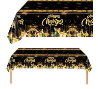 2 Pcs 2026 New Year's Eve Tablecloth Black Gold, 137x274cm Disposable PEVA Waterproof Table Cloth for New Year Party Decorations (B)