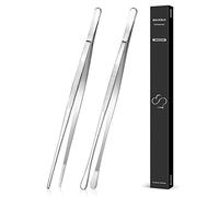 2 Pcs 30.5cm Cooking Tweezers Tongs Precision Serrated Tips, Stainless Steel Professional Chef Tweezer Kitchen Tools for BBQ, Plating and Serving (Silver)