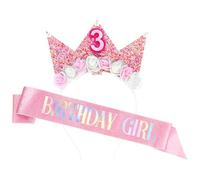 2 Pcs 3rd Birthday Sash and Tiara, Glitter Birthday Tiara Headbands for Women Party Hats Sweet Pink Flower Crown Princess Party Decorations(3rd)