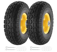 2 Pcs 4.10/3.50-4" 10 Inch Flat Free Solid Rubber Tire and Wheel with 5/8" Axle Bore Hole, 2.2" Offset Hub replacement for Hand Truck, Wheelbarrow, gorilla cart, Garden wagon Cart, Dolly, Utility Cart