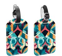 2 Pcs 4.5"x2.8" Luggage Tags, PU Leather Travel Bag Suitcase Tags with Privacy Cover - Art Abstract Geometry