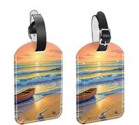 2 Pcs 4.5"x2.8" Luggage Tags, PU Leather Travel Bag Suitcase Tags with Privacy Cover - Beach Starfish Shell