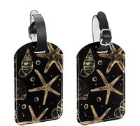 2 Pcs 4.5"x2.8" Luggage Tags, PU Leather Travel Bag Suitcase Tags with Privacy Cover - Golden Starfish Shell Pattern