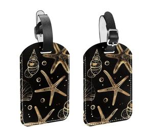 2 Pcs 4.5"x2.8" Luggage Tags, PU Leather Travel Bag Suitcase Tags with Privacy Cover - Golden Starfish Shell Pattern