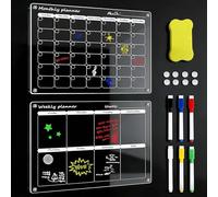 2 Pcs 40 x 30cm Reusable Monthly Weekly Planner Board, Acrylic Magnetic Calendar for Fridge Clear Family Planner with Magnetic Dry Eraser, 6 Markers for Meal, Menu, Shopping, Memo