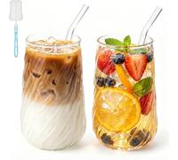 2 Pcs 400ML Glass Cups with Straws - Clear Iced Coffee Cup Matcha Glass Cups Irregular Ribs Glasses with Straws Brush & Cup Brush for Ice Coffee Juice Drink Milk Tea Cocktail Wedding Birthday Gift