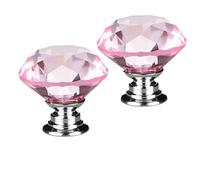 2 PCS 40MM Pink Crystal Glass Diamond Cut Flat Round Door Knob for Wardrobe,Cabinet, Drawer, Chest, Bin, Dresser, Cupboard, Etc with Screw Set Home Decoration