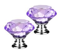 2 PCS 40MM Purple Crystal Glass Diamond Cut Flat Round Door Knob for Wardrobe,Cabinet, Drawer, Chest, Bin, Dresser, Cupboard, Etc with Screw Set Home Decoration