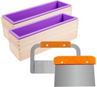 2 Pcs 42 oz Silicone Soap Molds Kit, Loaf Flexible Rectangular Silicone Soap Mold with Wood Box,Stainless Steel Wavy & Straight Scraper for CP and MP Soaps Making Supplies