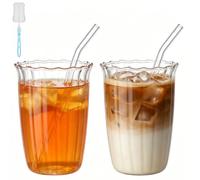 2 Pcs 420ML Glass Mugs with Straws - Clear Iced Coffee Cup Matcha Ribbed Glass Cups Matcha Glasses with Straws Brush & Cup Brush for Ice Coffee Juice Drink Milk Tea Cocktail Wedding Birthday Gift