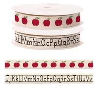 2 Pcs × 5 Yards Alphabet Letters Apples Ribbon for Crafting Sewing, 3/5 Inch Herringbone Natural Cotton Ribbons for Gift Wrapping, Back to School Ribbons for Hair Bow Accessories
