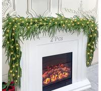 2 Pcs 6 Feet Christmas Garland,Artificial Norfolk Pine Garlands with 2Pcs LED Lights,Winter Pine Garland Real Touch Faux Green Greenery Garland for Fireplace,Table, Window,Outdoor Christmas Decoration