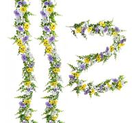 2 Pcs 6 ft Artificial Flowers Pansy Garland, Fake Hanging Spring Flowers Garland for Home, UV Resistant Faux Flower with Eucalyptus Leaves Decor for Table Porch Stairs (White, Purple, Yellow)