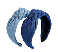2 Pcs 6CM Width Knotted Hair Hoops Vintage Denim Knot Headbands Non-Slip Elastic Top Thick Hairbands Dark Blue Light Blue