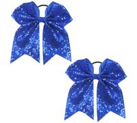 2 Pcs 7.48 Inches Jumbo Cheerleading Glitter Bow Ponytail Holders Sparkly Sequin Bow Hair Ties Large Cheerleader Bow Hair Bands Bowknot Hair Elastics Big Bows Hair Ropes Blue