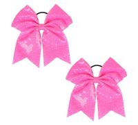 2 Pcs 7.48 Inches Jumbo Cheerleading Glitter Bow Ponytail Holders Sparkly Sequin Bow Hair Ties Large Cheerleader Bow Hair Bands Bowknot Hair Elastics Big Bows Hair Ropes Hot Pink