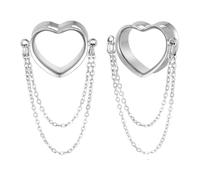 2 Pcs 8-25mm Titanium Steel Ear Tunnels Plugs for Ear Stretching - Hypoallergenic Body Piercing Jewelry with Love & Water Droplet Chain Design - Large Earlobe Support(Love Silver,14mm 9/16")