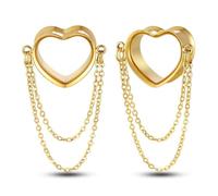 2 Pcs 8-25mm Titanium Steel Ear Tunnels Plugs for Ear Stretching - Hypoallergenic Body Piercing Jewelry with Love & Water Droplet Chain Design - Large Earlobe Support(Love Gold,12mm (1/2"))