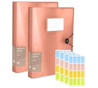 2 Pcs A4 Display Folders with 120 Pockets, Display Book Folder with Plastic Sleeves Safety Rope & 64 Color Index Tabs for School, Office and Presentations (Peach Pink)