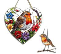 2 PCS Acrylic Heart-Shaped Hanging Garden Hummingbird and Robin Suncatcher, Stained Glass Sun Catchers for Windows, Robin Garden Ornament Gardening Gifts for Women