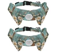 2 Pcs Adjustable Dog Cat Bow Tie, Daisy Butterfly on Teal Wooden, Comfortable Durable Pets Bowtie Collar with Bell for Small Dogs Cats Kitten Puppy