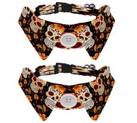 2 Pcs Adjustable Dog Cat Bow Tie, Day of the Dead Skull Floral, Comfortable Durable Pets Bowtie Collar with Bell for Small Dogs Cats Kitten Puppy