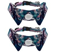 2 Pcs Adjustable Dog Cat Bow Tie, Funny Cat Riding Dinosaur Nebula, Comfortable Durable Pets Bowtie Collar with Bell for Small Dogs Cats Kitten Puppy